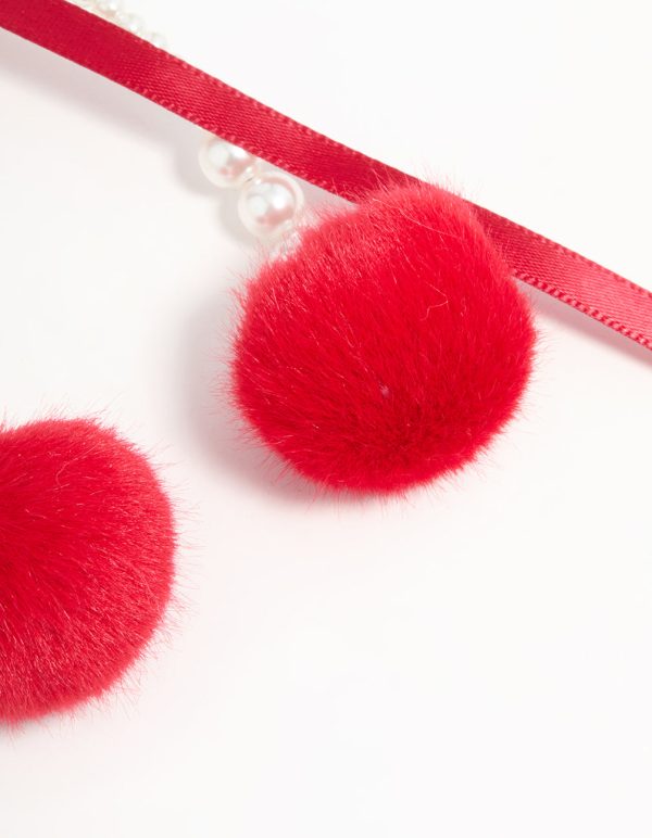 Pearl Beaded Bow & Red Pom Pom Keychain For Discount - Image 3