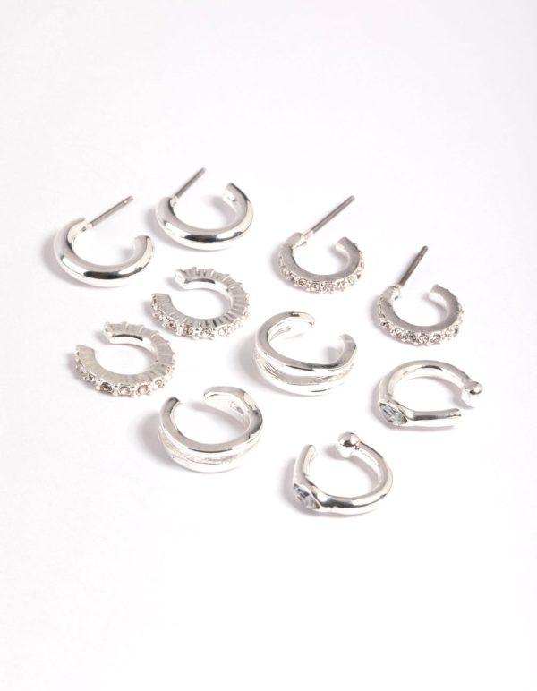 Silver Plated Diamante Hoops 5-Pack Cheap