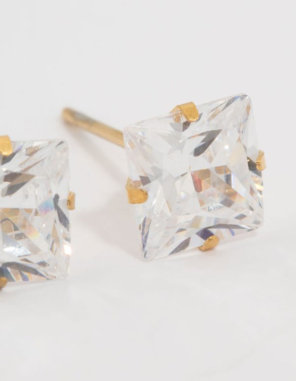 Waterproof Gold Plated Stainless Steel Princess Cut Cubic Zirconia Stud Earrings Hot on Sale - Image 3
