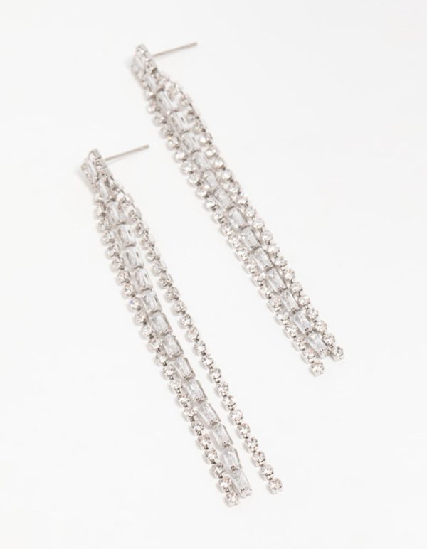 Silver Diamante Baguette Cupchain Drop Earrings For Cheap