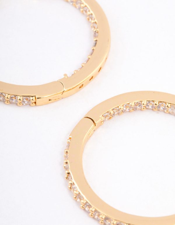 Gold Plated Brass Cubic Zirconia Pave Huggie Earrings on Sale - Image 3