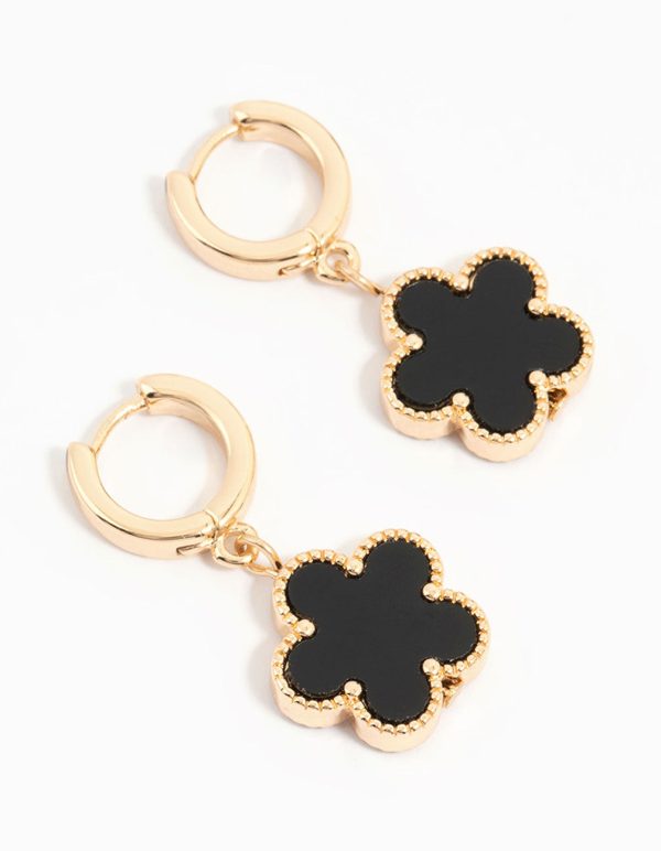 Gold Black Flower Drop Huggie Earrings on Sale