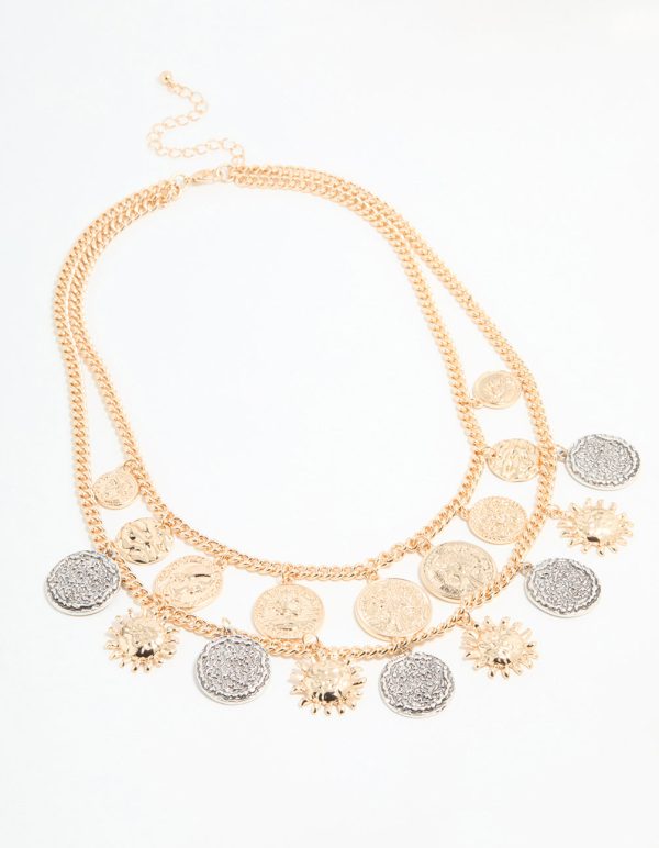 Gold Mixed Metal Coin Layered Necklace Sale - Image 2