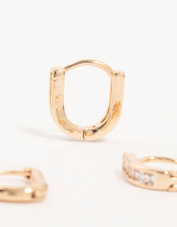 Gold Cubic Zirconia Oval Huggie Earrings 3-Pack Fashion - Image 3