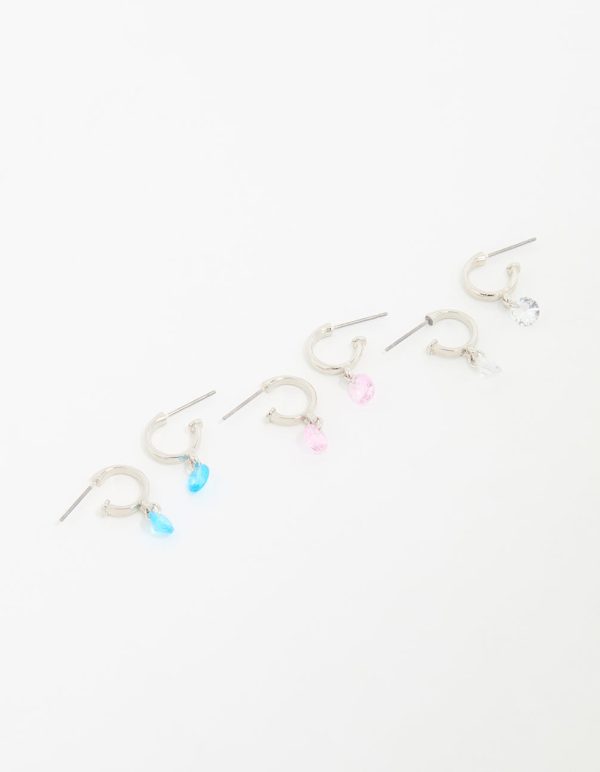 Silver Mixed Stone Huggie Hoop Earrings 3-Pack Sale