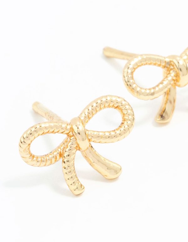 Gold Plated Sterling Silver Textured Bow Stud Earrings Fashion - Image 4
