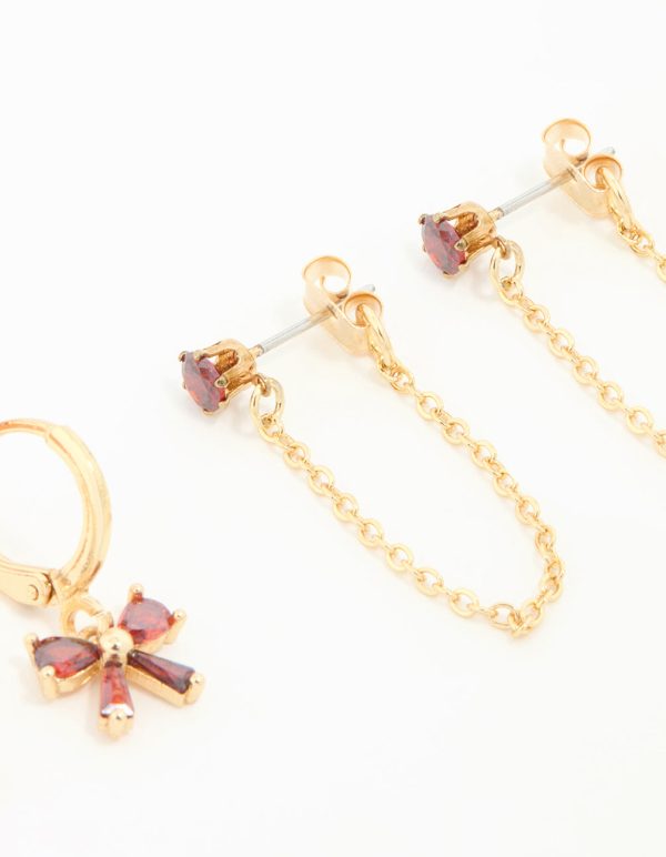Gold Red Cubic Zirconia Bow Huggie Earrings 3-Pack For Discount - Image 5