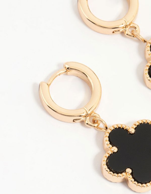 Gold Black Flower Drop Huggie Earrings on Sale - Image 4