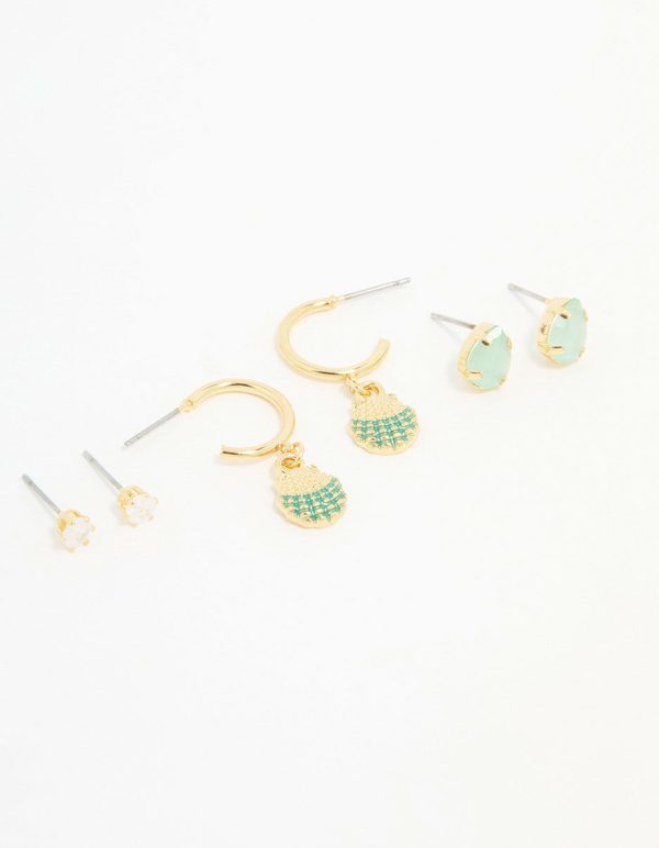 Gold Plated Cubic Zirconia Mermaid Earrings 3-Pack For Discount
