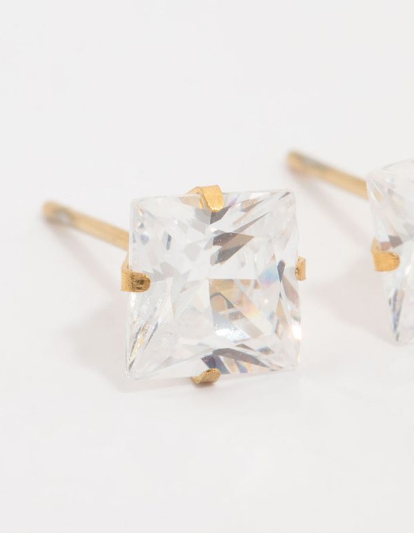 Waterproof Gold Plated Stainless Steel Princess Cut Cubic Zirconia Stud Earrings Hot on Sale - Image 2