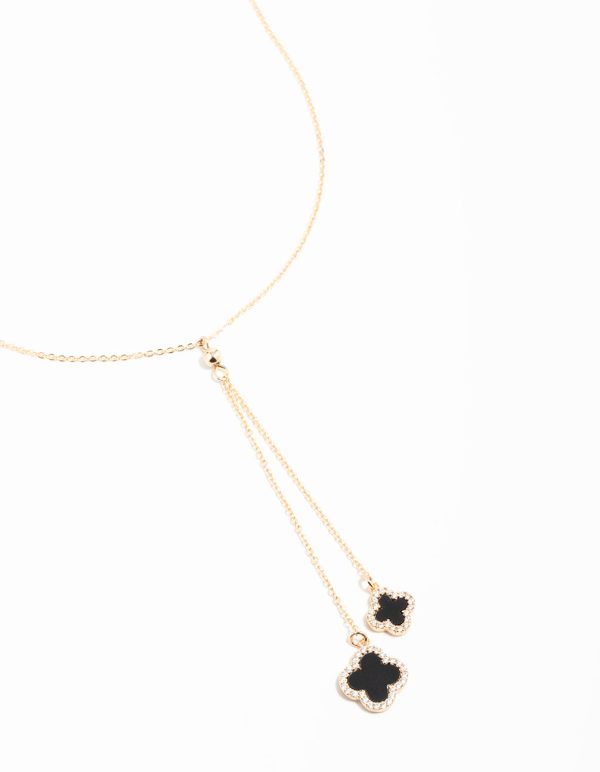 Gold Cubic Zirconia Black Flower Y-Necklace Sale