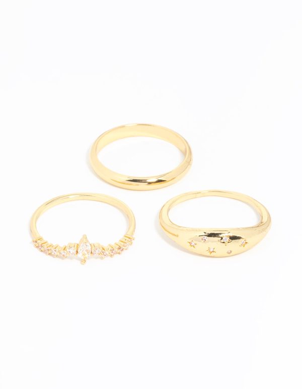 Gold Plated Cubic Zirconia Cluster & Plain Rings 3-Pack Fashion