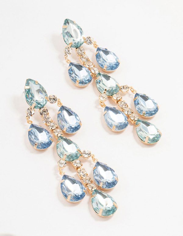 Gold Light Blue Teardrop Stone Set Drop Earrings For Sale