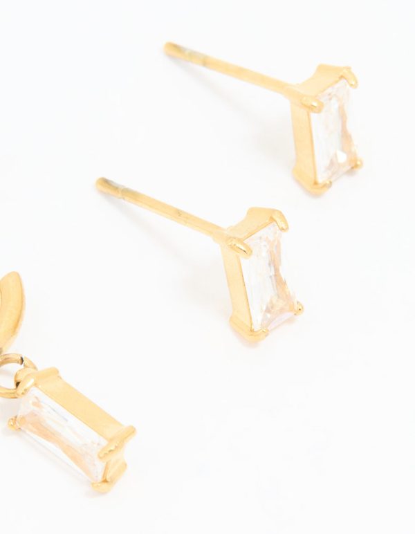 Waterproof Gold Plated Stainless Steel Cubic Zirconia Rectangle Stud & Hoop Earrings 2-Pack on Sale - Image 5