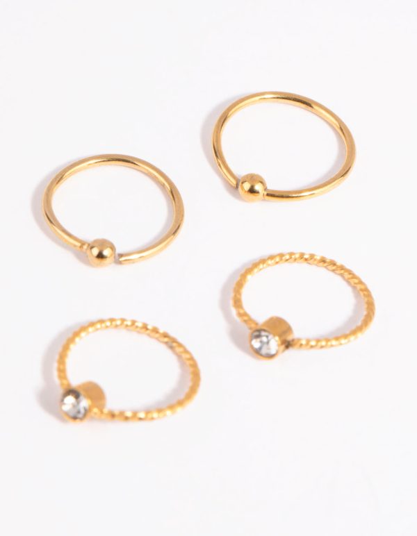 Gold Plated Surgical Steel Textured Diamante Nose Ring 4-Pack For Cheap