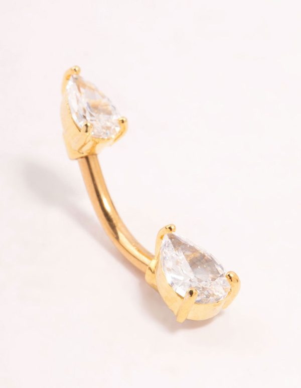 Gold Plated Titanium Double Pear Cubic Zirconia Belly Bar Hot on Sale