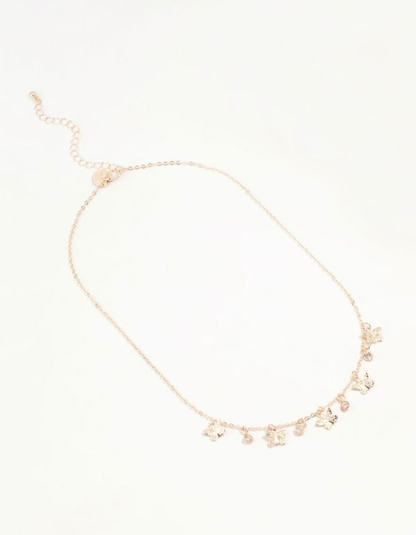 Gold Diamante Butterfly Drop Charm Necklace Sale - Image 4