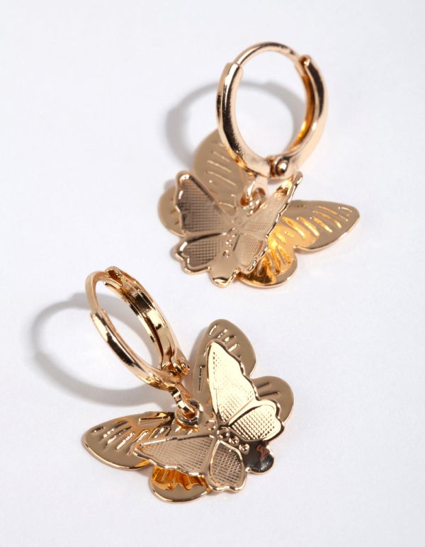 Gold Double Butterfly Stamp Huggie Earrings Sale - Image 2
