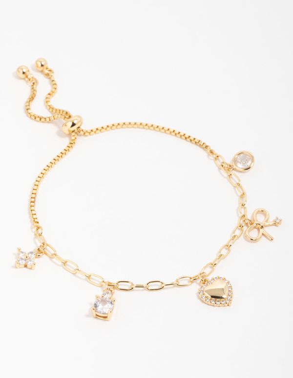 Gold Plated Brass Cubic Zirconia Heart & Bow Charm Bracelet For Cheap