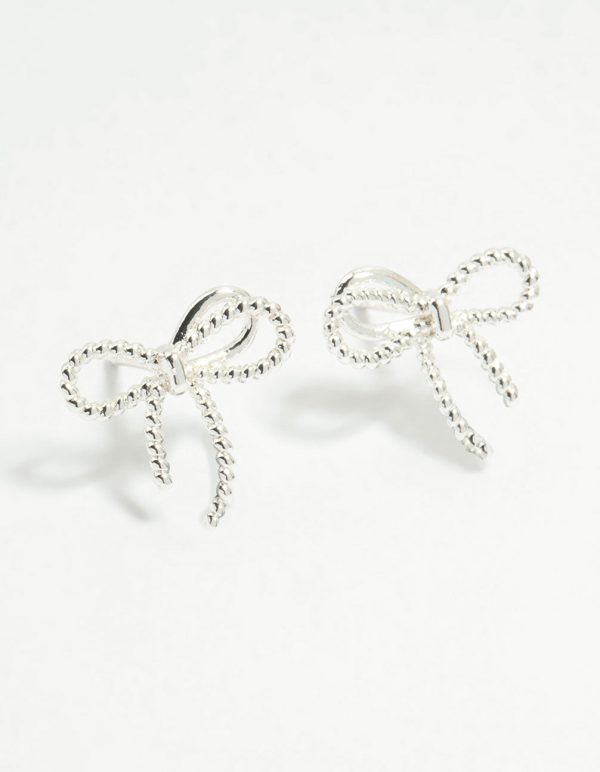 Sterling Silver Textured Thin Bow Stud Earrings Online now
