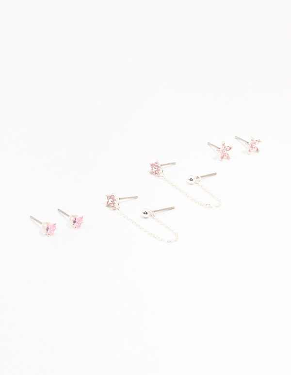 Silver Plated Brass  Heart Flower Chain Earrings 3-Pack Discount