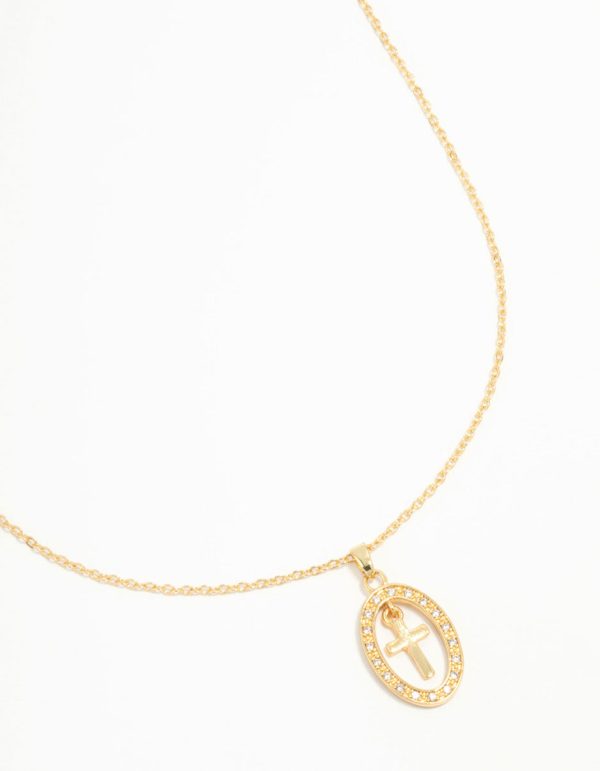 Gold Plated Cubic Zirconia Oval Cross Necklace Online Sale