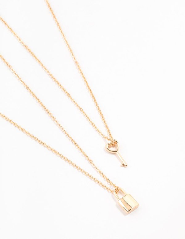 Gold Lock & Key Necklace 2-Pack For Cheap