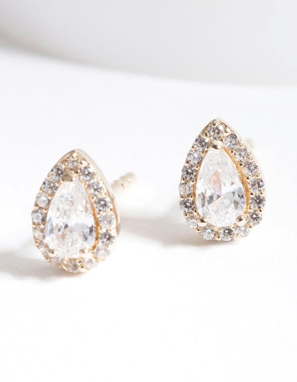 Gold Plated Sterling Silver Cubic Zirconia Pear Halo Stud Earrings For Discount