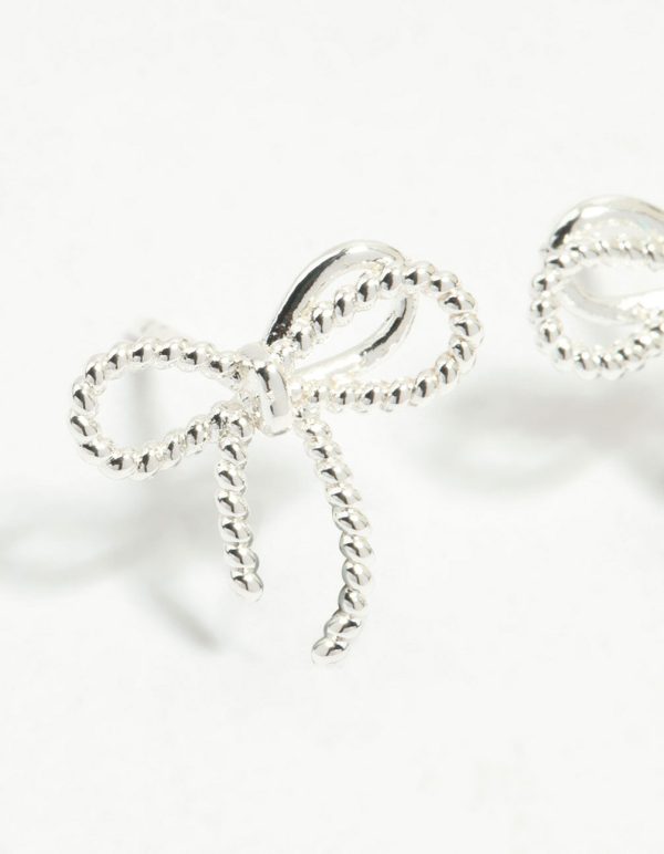 Sterling Silver Textured Thin Bow Stud Earrings Online now - Image 5