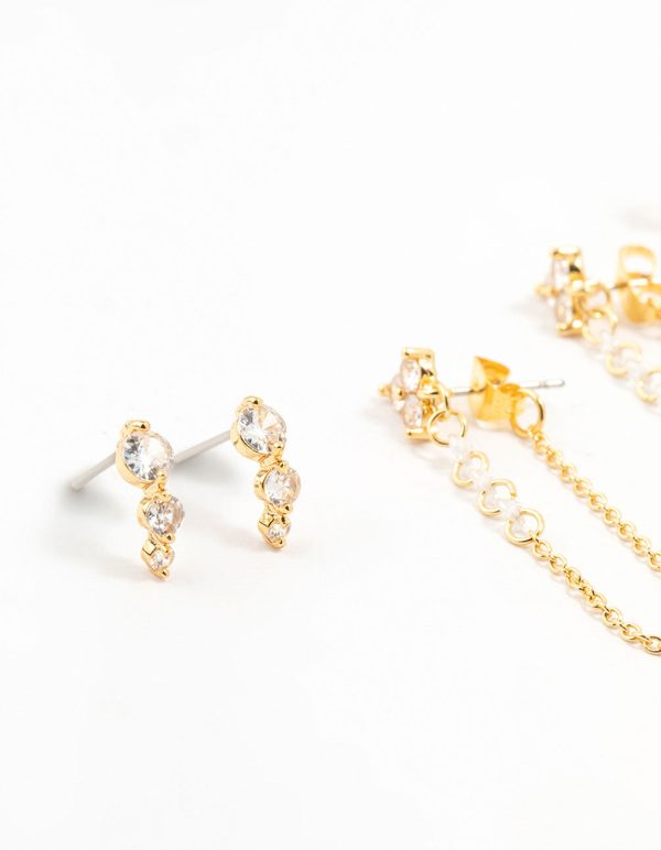 Gold Plated Cubic Zirconia Chain & Hoop Earrings 3-Pack Cheap - Image 4