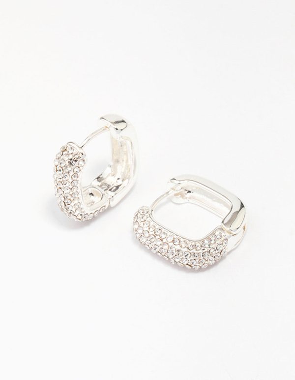 Silver Plated Square Pave Hoop Earrings Hot on Sale