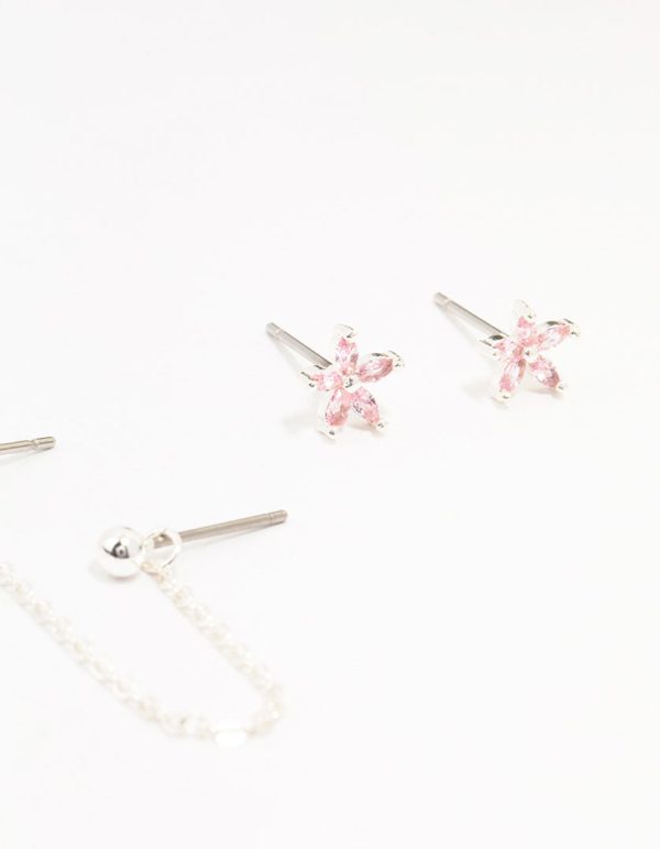 Silver Plated Brass  Heart Flower Chain Earrings 3-Pack Discount - Image 3