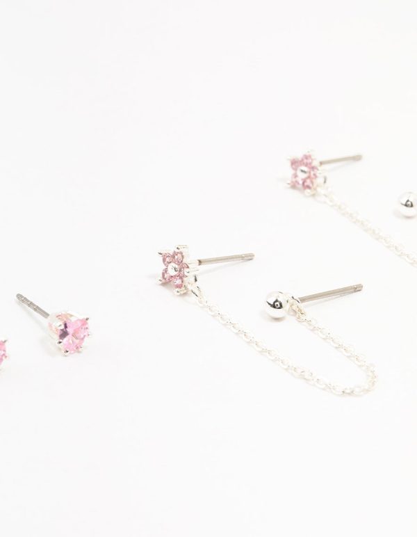 Silver Plated Brass  Heart Flower Chain Earrings 3-Pack Discount - Image 2