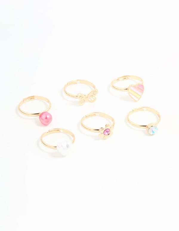 Kids Gold Pearl Heart & Butterfly Stacking Rings 6-Pack Supply