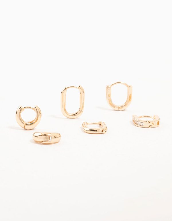 Gold Cubic Zirconia Oval Huggie Earrings 3-Pack Fashion