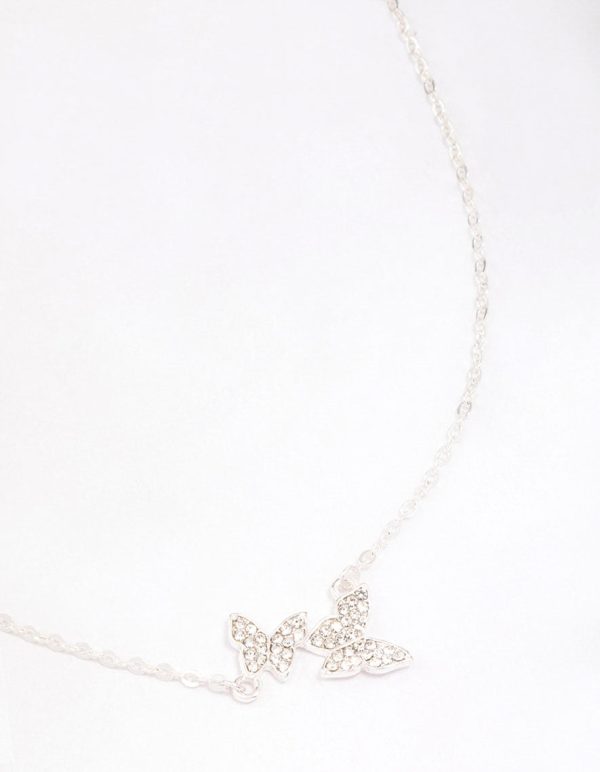 Silver Double Pave Butterfly Short Necklace Hot on Sale