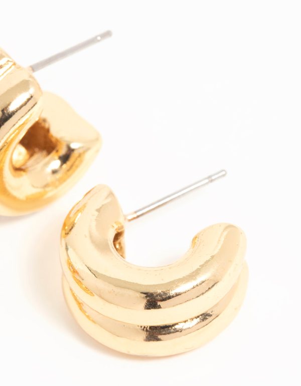 Gold Plated Brass Twist & Ribbed Huggie Earrings 2-Pack Sale - Image 5