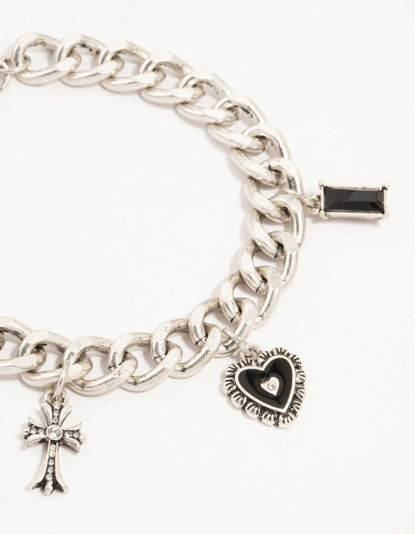 Antique Silver Rustic Heart & Diamante Charm Bracelet For Cheap - Image 2