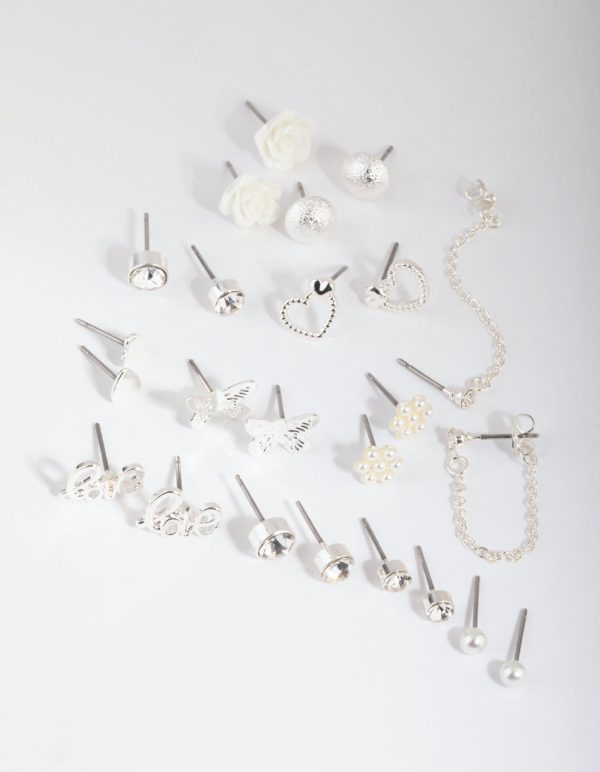 Silver Pearl Mixed Stud Earring 12-Pack Hot on Sale
