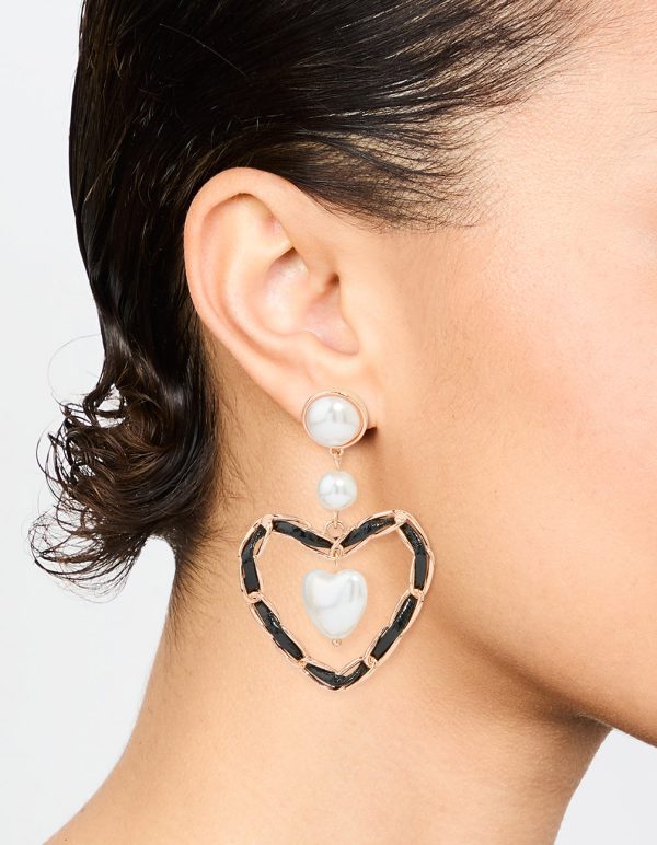 Gold Pearl Black Heart Drop Earrings Supply - Image 2