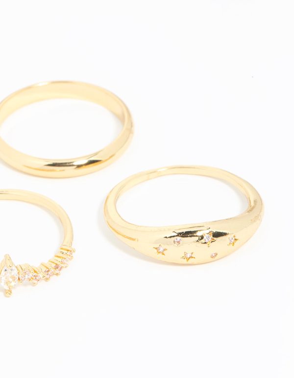Gold Plated Cubic Zirconia Cluster & Plain Rings 3-Pack Fashion - Image 3