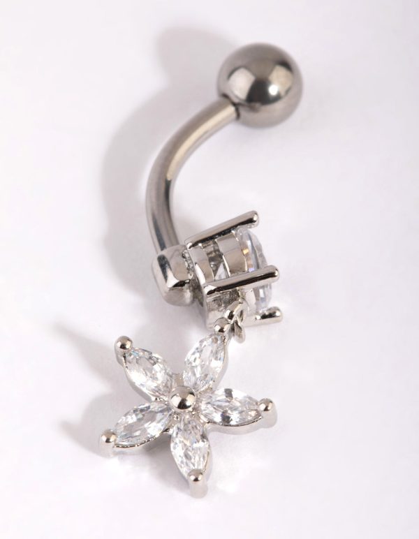 Surgical Steel Cubic Zirconia Flower Belly Bar For Discount - Image 3