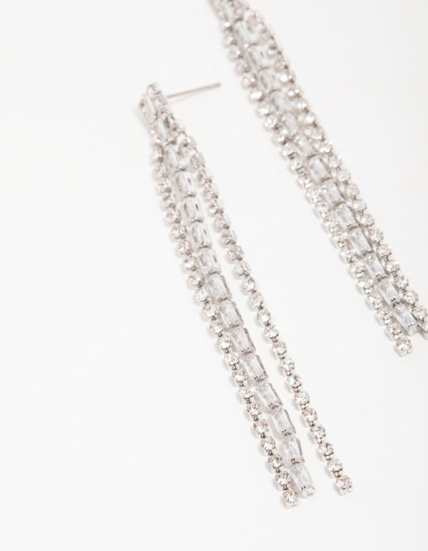 Silver Diamante Baguette Cupchain Drop Earrings For Cheap - Image 4