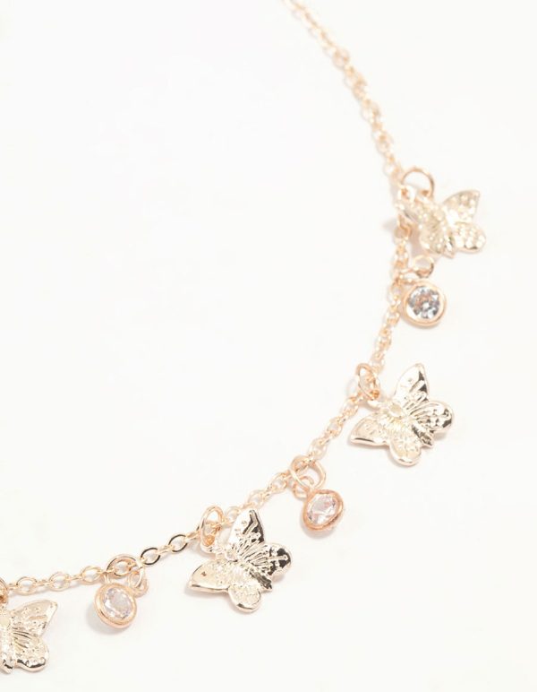 Gold Diamante Butterfly Drop Charm Necklace Sale