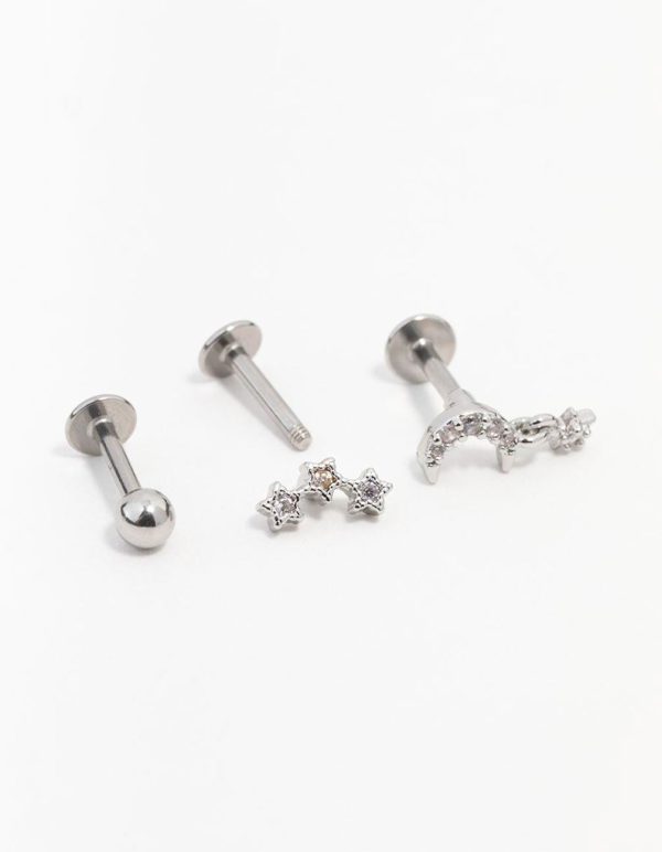 Surgical Steel Cubic Zirconia Star & Moon Flat Back 3-Pack Fashion - Image 2
