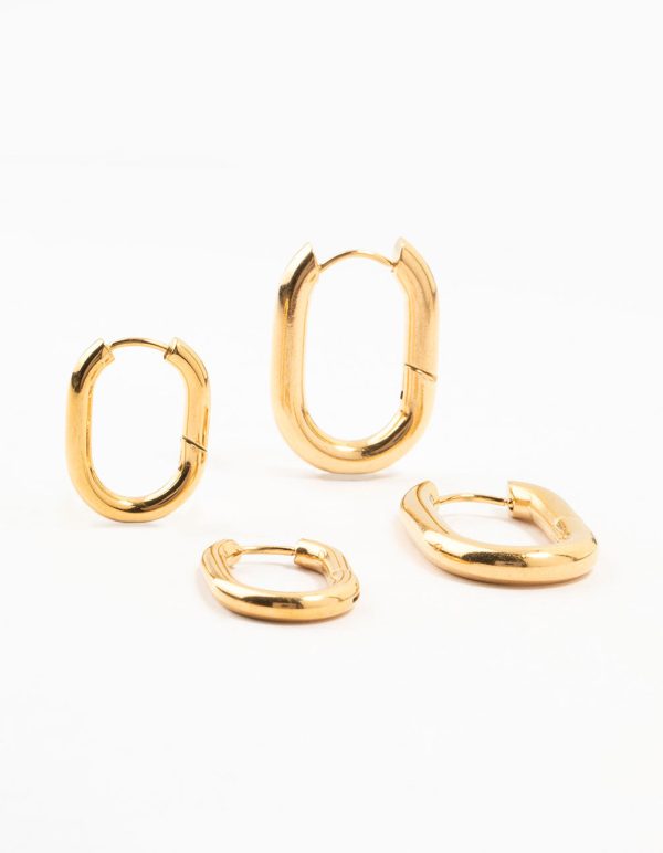Waterproof Gold Plated Stainless Steel Square Oval Hoop Earrings 2-Pack For Cheap