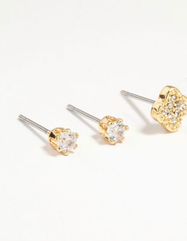 Gold Plated Brass Cubic Zirconia Flower Stud & Huggie Earrings 4-Pack Online Sale - Image 2