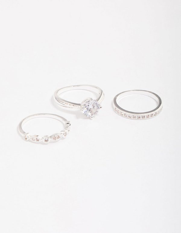 Silver Plated Cubic Zirconia Round Stone Ring Pack Cheap