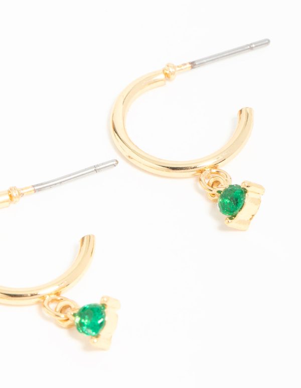 Gold Plated Green Cubic Zirconia Stud & Chain Huggie Earrings 2-Pack Online Sale - Image 5