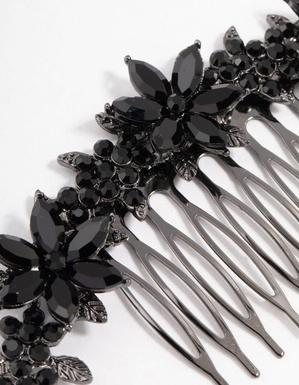 Black Coated Simple Diamante Flower Hair Comb For Discount - Image 2